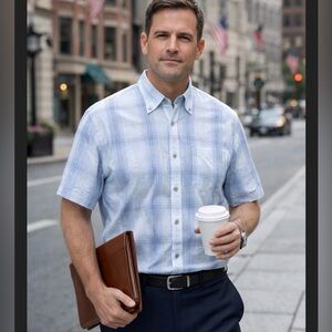 Hart Schaffner Marx Shirt Button Down Short Sleeve 100% Cotton Blue Size XL